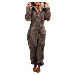 MMIHOIM Jumpsuit Damen Winter Warm Overall Teddy Fleece Einteiler Damen Große Größe Jumpsuit Teddy Fleece Einteiler Onesie Flauschig Weich Hausanzug Einfarbig Schlafoverall (Khaki,S) von MMIHOIM