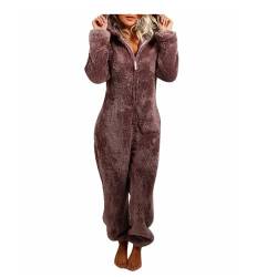 MMIHOIM Jumpsuit Damen Winter Warm Overall Teddy Fleece Einteiler Damen Große Größe Jumpsuit Teddy Fleece Einteiler Onesie Flauschig Weich Hausanzug Einfarbig Schlafoverall (braun,2XL) von MMIHOIM