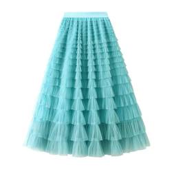 Faltenrock Langer Tutu-Rock, Rüschen Netzstoff Vintage Chiffon hohe Taille Blasenrock Midirock (Light Blue, L) von MMOOVV