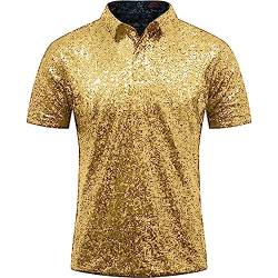 Herren Relaxed Short Sleeve Turndown Sparkles Pailletten Polos Shirts 70er Jahre Disco Nachtclub Party T-Shirts Hemd Herren Neon (Gold, M) von MMOOVV