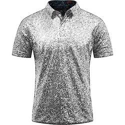 Herren Relaxed Short Sleeve Turndown Sparkles Pailletten Polos Shirts 70er Jahre Disco Nachtclub Party T-Shirts Hemd Herren Neon (Silver, XXXL) von MMOOVV