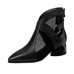 MMOOVV Atmungsaktive coole Stiefel aus Mesh für Damen mit Reißverschluss auf der Rückseite, klobiger Absatz spitze Zehenstiefel Schwarz Damen Absatz (Black, 39) von MMOOVV