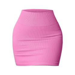 MMOOVV Basic Minirock für Damen, vielseitig dehnbar gerippt lässig hohe Taille Bleistiftrock (Pink, S) von MMOOVV