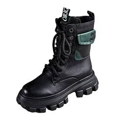 MMOOVV Damen Boots Stiefeletten Motorrad Stil Dicke Sohle Bequeme Schnürung Reißverschluss Verdickt Warm Mädchen Gefüttert (Black, 39) von MMOOVV