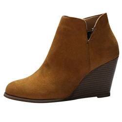 MMOOVV Damen Keilabsatz Stiefel Mode Frauen Wildleder Stiefeletten Keile Reißverschluss Kurze Booties Runde Kappe Schuhe von MMOOVV