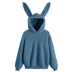 MMOOVV Einfarbiges Damen-Sweatshirt mit Hasenohren und Kapuze aus Plüsch Tops Pullover Hoodie (Blue, XL) von MMOOVV