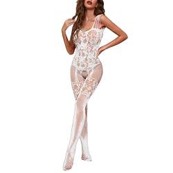 MMOOVV Fischnetz-Bodystocking Nylon Sexy Dessous für Frauen Ganzkörperstrumpf Offener Schritt Bodysuit Ganzkörper Fischnetzstrümpfe Sexy Dessous für Frauen Übergröße Valentinstag, weiß, Einheitsgröße von MMOOVV