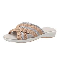 MMOOVV Flache Sandalen, fliegengewebte Sandalen mit weichem Boden, Sommer-Freizeitsandalen (Beige, 41) von MMOOVV