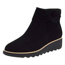 MMOOVV Frauen Schuhe Ankle Stiefel lässige Reißverschluss retro Damenstiefel Keilstiefel mit dicker Sohle und Schleife (Black, 38) von MMOOVV