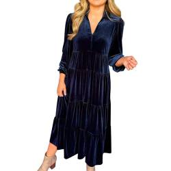 MMOOVV Goldfarbenes Samtkleid für Damen mit weitem Saum und Lockerem, schlankmachendem V-Ausschnitt Damen Kleid (Navy, L) von MMOOVV