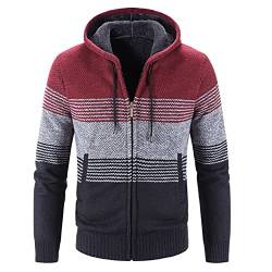 MMOOVV Herren Klassische Strickjacke Herbst und Winter Farbblockierung mit Kapuze gestreift gepolstert und verdickt Warm Strickjacke Casual Gemütlich Bequem Pullover Strickjacken Mantel, rot, XX-Large von MMOOVV