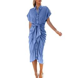 MMOOVV Sommer-Damenkleid mit Hemdkragen geteilten Falten, schmale Passform, gewaschenes Denim-Midikleid Sexy Sommerkleid Damen von MMOOVV