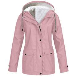 MMOOVV Winterjacke Damen Winter Jacke Solide Plüsch Verdickung Jacke Outdoor Plus Size Kapuzen Regenmantel Winddicht (Rosa 4XL) von MMOOVV