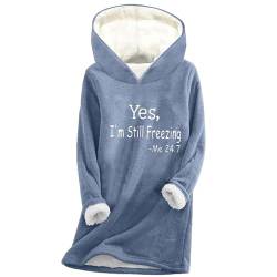 MMOOVV YES I'm Still Freezing Me -Winter-Plüsch-Buchstaben-Druck-Thermo-Top mit Kapuze Damen Strickpullover (Blue, XXL) von MMOOVV