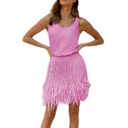 Rock Damen Einfarbige Weste Kurzer Quaste Feder Kurzer Rock Zweiteiliges Set Kleid Festlich (Pink, L) von MMOOVV