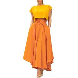 Sommer Casual Röcke Damen Rock Swing Rock 50s Retro Vintage Rockabilly Knielang Festliche Röck mit Gürtel Faltenrock (Orange, S) von MMOOVV