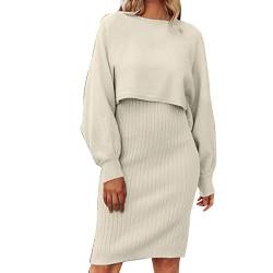 Damen Elegante Strickkleid Knielang Herbst Kleider Damen Langarm Lazy Style Modisches festes Strickkleid Zweiteiliges mittellanges Wollkleid Strickkleider Damen Winter Warm Sweater Midi von MNRIUOCII