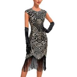 MNRIUOCII 1920s Kleid Damen Sexy V Ausschnitt Flapper Charleston Kleid 20er Jahre Retro Stil Great Gatsby Motto Party Damen Fasching Kostüm Kleid (W1-Black, S) von MNRIUOCII