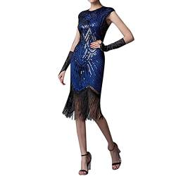 MNRIUOCII 1920s Kleid Damen Sexy V Ausschnitt Flapper Charleston Kleid 20er Jahre Retro Stil Great Gatsby Motto Party Damen Fasching Kostüm Kleid (Y1-Blue, XXL) von MNRIUOCII