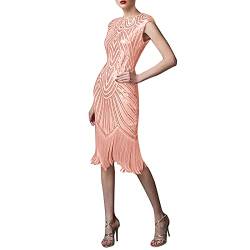 MNRIUOCII 1920s Kleid Damen Sexy V Ausschnitt Flapper Charleston Kleid 20er Jahre Retro Stil Great Gatsby Motto Party Damen Fasching Kostüm Kleid (Y1-Pink, L) von MNRIUOCII