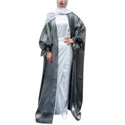 MNRIUOCII Damen Muslimisch Strickjacke Einfarbig Langarm Kaftan Modern Lässig Langes Kleid Muslimisches Robe mit Bubble-ÄRmel Islamische Arabisch Türkische Roben Ramadan Lang Gebetskleid von MNRIUOCII
