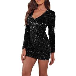 MNRIUOCII Damen Pailletten Kleid Sexy V-Ausschnitt Partykleid Langarm Eng Kleider Elegant Party Hochzeitskleid Glitzer Cocktailkleid Figurbetontes Abendkleid Moden Wickelkleider von MNRIUOCII