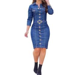 MNRIUOCII Jeanskleid Damen Knielang Button Down Jeanshemd Kleid mit Gürtel Denimkleid mit Knöpfen Langärmlig Jeans Kleider Einfarbig Slim Bleistiftkleid Frauen Elegant Blusenkleid von MNRIUOCII