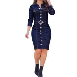 MNRIUOCII Jeanskleid Damen Knielang Button Down Jeanshemd Kleid mit Gürtel Denimkleid mit Knöpfen Langärmlig Jeans Kleider Einfarbig Slim Bleistiftkleid Frauen Elegant Blusenkleid von MNRIUOCII