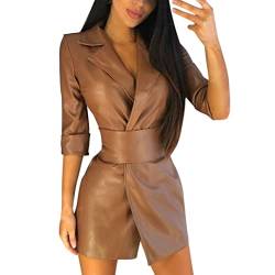 MNRIUOCII Kleid Cocktailkleid Kurz Frauen Cooler Ledermantel Langarm V-Kragen Winterjacke Pu Sexy Bodycon Lederkleid Blazer Leder Minikleid mit Gürtel Leggins Kurz von MNRIUOCII