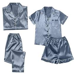 MNRIUOCII Pyjama 4-Teiliges Schlafanzüge Nachthemd Set Für Damen Satin Nachtwäsche Nachthemd Damen Schlafshirt Schlafanzug Satin-Pyjama Sexy Seide Pyjama Pyjama Set Pyjama-Sets (V1-Light Blue, L) von MNRIUOCII