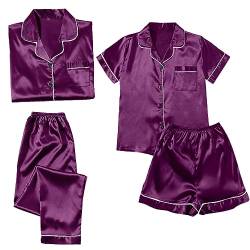 MNRIUOCII Pyjama 4-Teiliges Schlafanzüge Nachthemd Set Für Damen Satin Nachtwäsche Nachthemd Damen Schlafshirt Schlafanzug Satin-Pyjama Sexy Seide Pyjama Pyjama Set Pyjama-Sets (V1-Purple, XXXXXL) von MNRIUOCII