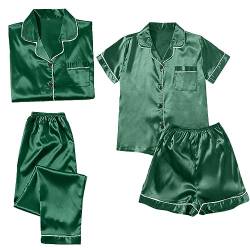 MNRIUOCII Pyjama 4-Teiliges Schlafanzüge Nachthemd Set Für Damen Satin Nachtwäsche Nachthemd Damen Schlafshirt Schlafanzug Satin-Pyjama Sexy Seide Pyjama Pyjama Set Pyjama-Sets Große (V1-Green, L) von MNRIUOCII