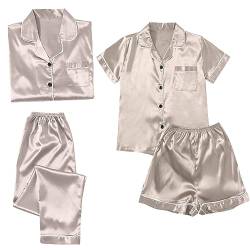 MNRIUOCII Pyjama 4-Teiliges Schlafanzüge Nachthemd Set Für Damen Satin Nachtwäsche Nachthemd Damen Schlafshirt Schlafanzug Satin-Pyjama Sexy Seide Pyjama Pyjama Set Pyjama-Sets Große (V1-Khaki, M) von MNRIUOCII