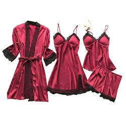 MNRIUOCII Pyjama 4-Teiliges Schlafanzüge Nachthemd Set Für Damen Satin Nachtwäsche Nachthemd Damen Schlafshirt Schlafanzug Satin-Pyjama Sexy Seide Pyjama Pyjama Set Pyjama-Sets Große (V1-Red, L) von MNRIUOCII