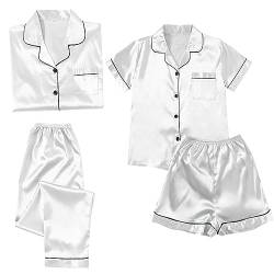 MNRIUOCII Pyjama 4-Teiliges Schlafanzüge Nachthemd Set Für Damen Satin Nachtwäsche Nachthemd Damen Schlafshirt Schlafanzug Satin-Pyjama Sexy Seide Pyjama Pyjama Set Pyjama-Sets Große (V1-White, L) von MNRIUOCII