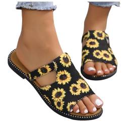 MNRIUOCII Slipper Damen Sonnenblume Druck Flach Slippers Freizeit Strandschuhe Badelatschen Rutschfest Badeschlappen Indoor Outdoor Hausschuhe Weiche Fußbett Sommerhausschuhe von MNRIUOCII