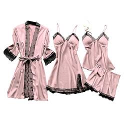 NachtwäSche Damen 4 Stücke Satin Schlafanzug Set Spitze Kimono Robe Pyjama Sexy Cami Negligee und Shorts Nachthemd 4-teiliges Schlafanzüge Pjs Hausanzug Silk Loungewear Elegant Anzug von MNRIUOCII