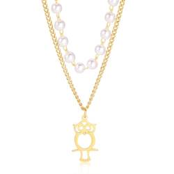 MOBSAN Halskette Niedliche Doppel-Halskette mit Eulen-Anhänger, Perlenkette, vielseitige Damen-Halskette Party Geschenk von MOBSAN