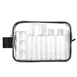 MOCOCITO Kulturbeutel durchsichtig und 8 Stück Reiseflasche Set (max.100ml) und Plastikbeutel für Flüssigkeiten zugelassen (20x20cm) nach EU&UK Handgepäckbestimmungen|Kulturtasche für Flüssigkeiten von MOCOCITO