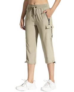 MOCOLY Damen 3/4 Leicht Wanderhose wasserdichte Sonnenschutz Kurze Trekkinghose Capri Cargohose Atmungsaktive Bequeme Caprihose Dreiviertel Outdoor Cargo Trekking Hose Sommer Khaki XS von MOCOLY