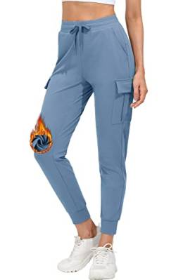 MOCOLY Damen Fleece Gefüttert Jogginghose Winter Warme Sporthose Trainingshose Lang Thermo Cargo Sport Hose Laufhose Sweathose ​wasserdichte Freizeit Track Pants mit Handytasche Dunst Blau L von MOCOLY