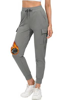 MOCOLY Damen Fleece Gefüttert Jogginghose Winter Warme Sporthose Trainingshose Lang Thermo Cargo Sport Hose Laufhose Sweathose ​wasserdichte Freizeit Track Pants mit Handytasche Grau S von MOCOLY