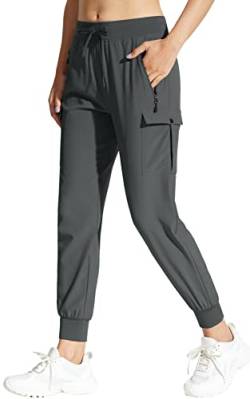 MOCOLY Damen Jogginghose Cargohose Wanderhose Leichte Trekkinghose Wasserdicht Winddicht Outdoorhose Trainingshose Sweathose Joggpants Baggy Cargo Sport Hosen für Frauen mit Taschen Grau M von MOCOLY