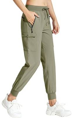 MOCOLY Damen Jogginghose Cargohose Wanderhose Leichte Trekkinghose Wasserdicht Winddicht Outdoorhose Trainingshose Sweathose Joggpants Baggy Cargo Sport Hosen für Frauen mit Taschen Grün L von MOCOLY