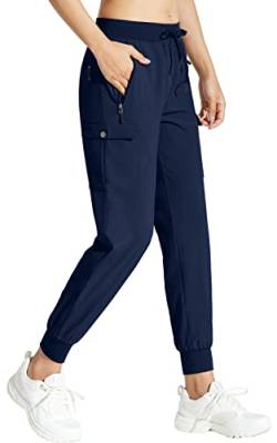 MOCOLY Damen Jogginghose Cargohose Wanderhose Leichte Trekkinghose Wasserdicht Winddicht Outdoorhose Trainingshose Sweathose Joggpants Baggy Cargo Sport Hosen für Frauen mit Taschen Navy L von MOCOLY