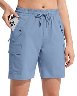 MOCOLY Damen Wander Cargo Shorts Schnell Trocknend Outdoor Wandershorts Kurz Leicht Sommer Shorts mit Reißverschlusstaschen für Trekking Reisen Golf Camping Sport Linsenblau 3XL von MOCOLY