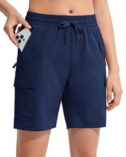 MOCOLY Damen Wander Cargo Shorts Schnell Trocknend Outdoor Wandershorts Kurz Leicht Sommer Shorts mit Reißverschlusstaschen für Trekking Reisen Golf Camping Sport Marineblau L von MOCOLY