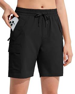 MOCOLY Damen Wander Cargo Shorts Schnell Trocknend Outdoor Wandershorts Kurz Leicht Sommer Shorts mit Reißverschlusstaschen für Trekking Reisen Golf Camping Sport Schwarz L von MOCOLY