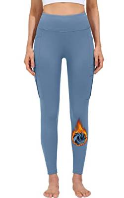 MOCOLY Thermo Sport Leggings für Damen Winter Warme Sporthose Laufhose Yogahose Gym Fitness Training Leggings Mit Fleece Gefüttert und Taschen Dunst Blau 3XL von MOCOLY