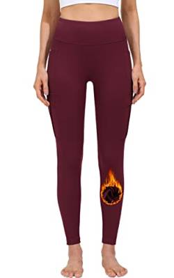 MOCOLY Thermo Sport Leggings für Damen Winter Warme Sporthose Laufhose Yogahose Gym Fitness Training Leggings Mit Fleece Gefüttert und Taschen Weinrote XL von MOCOLY